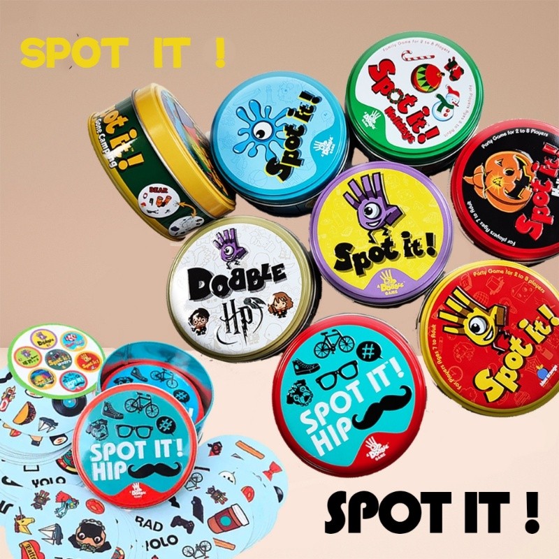 ⚡14 การออกแบบ Spot It Cans Dobble Hip Animals Gone Camping Shalm Sports ABC Basic English Harry⚡