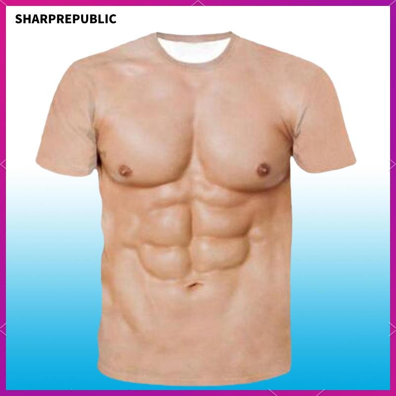 [Sharprepublic] ตลก 3D Graphic Digital พิมพ์ Muscleเสื้อยืดแขนสั้นผู้ชายวันหยุด