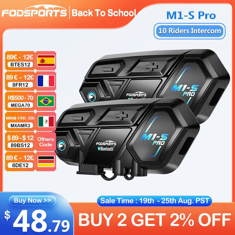 Fodsports M1-S Pro รถจักรยานยนต์ Intercom Bluetooth ชุดหูฟังหมวกนิรภัย 8 Riders Group Talk 2000 M In