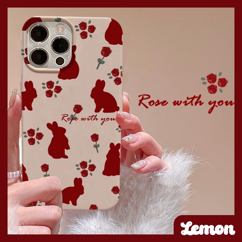 Lemon - เคสโทรศัพท์มือถือ ลายดอกไม้ กระต่าย สีแดง สไตล์เกาหลี สําหรับ 14pro 14promax 13 13pro 13promax 11 12 12pro 12promax XR XSMAX 7P 8P