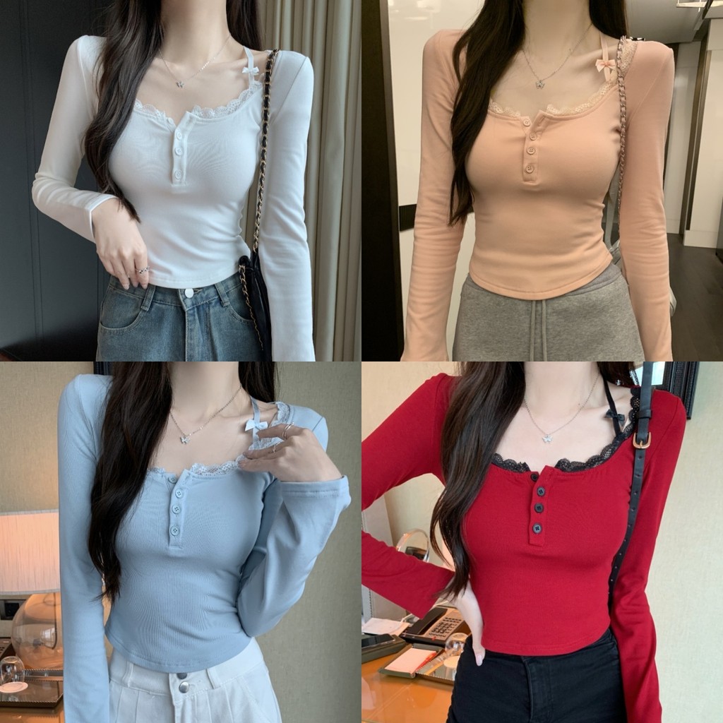 Soroh เสื้อยืดผู้หญิง มีฟองน้ำ แขนยาว ดีเทลแต่งสาย ผ้านุ่มนิ่ม แต่งโบว์ สไตล์ลำลอง ทรงสวย น่ารัก #FY5046