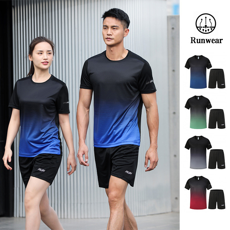ชุดกีฬา 2 ชิ้น เสื้อ+กางเกง Run ชุดวิ่ง เนื้อผ้าดี ชุดเซ็ท ซับเหงื่อ เบาสบายระบายอากาศ เสี้อกีฬา