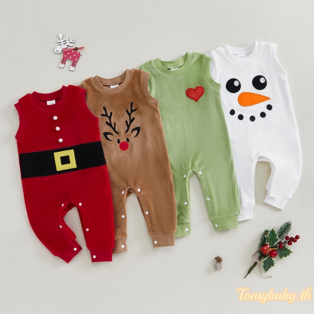 Tomybaby-baby Christmas Fuzzy Romper Reindeer เย็บปักถักร้อยแขนกุดความยาวเต็ม Jumpsuit