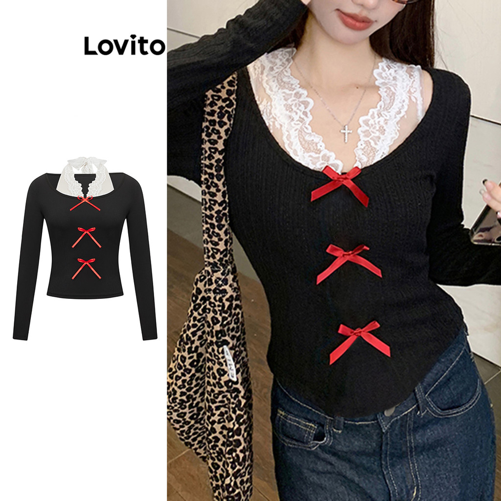 Lovito เสื้อยืดลูกไม้ปลอม 2-in-1 สีพื้นน่ารักพร้อมโบว์สีบล็อกสำหรับผู้หญิง L110AD015
