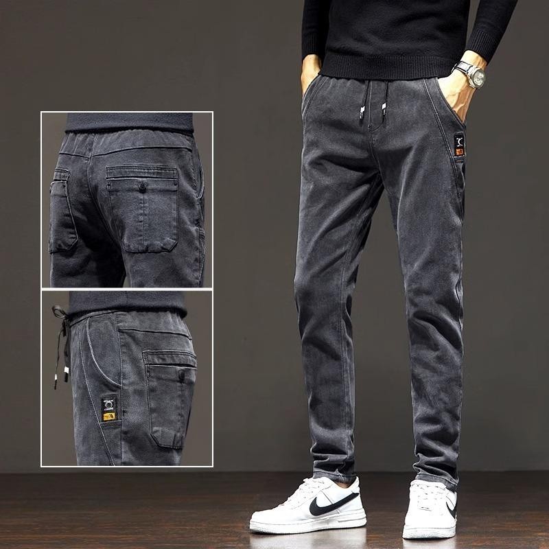 MNO.9 Jeans Y6662 กางเกงยีนส์ขายาวชาย เอวยืด ทรงกระบอกเล็ก ขาเดฟ ปักป้ายแท็กกระเป๋าซ้าย