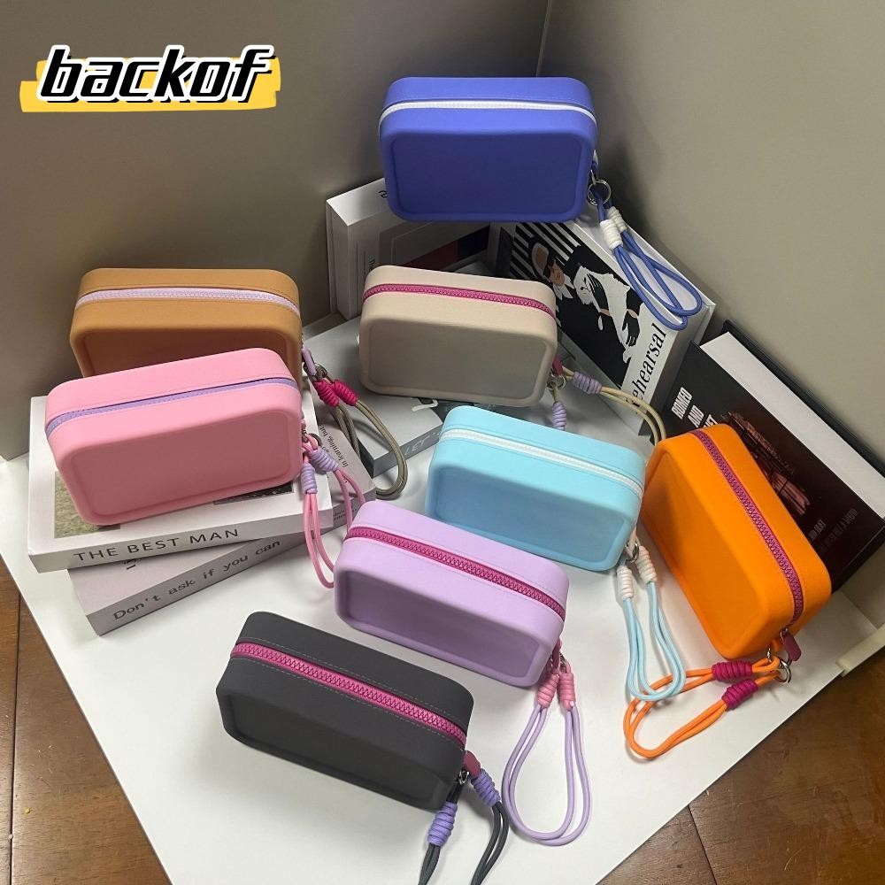 กลับ กระเป๋าสตางค์ทรงสี่เหลี่ยมสีทึบพร้อมกระเป๋าใส่เหรียญสายคล้องข้อมือซิปกระเป๋าเครื่องสําอางซิลิโคนสินค้าขนาดเล็ก
