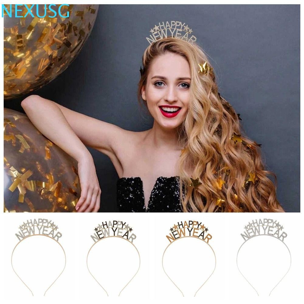 Nexusg Rhinestone Crown, Alloy Letter Happy New Year แถบคาดศีรษะ,แฟชั่นสไตล์เกาหลี Tiara เครื่องประดับผม Hoop คริสต์มาส Dree Up