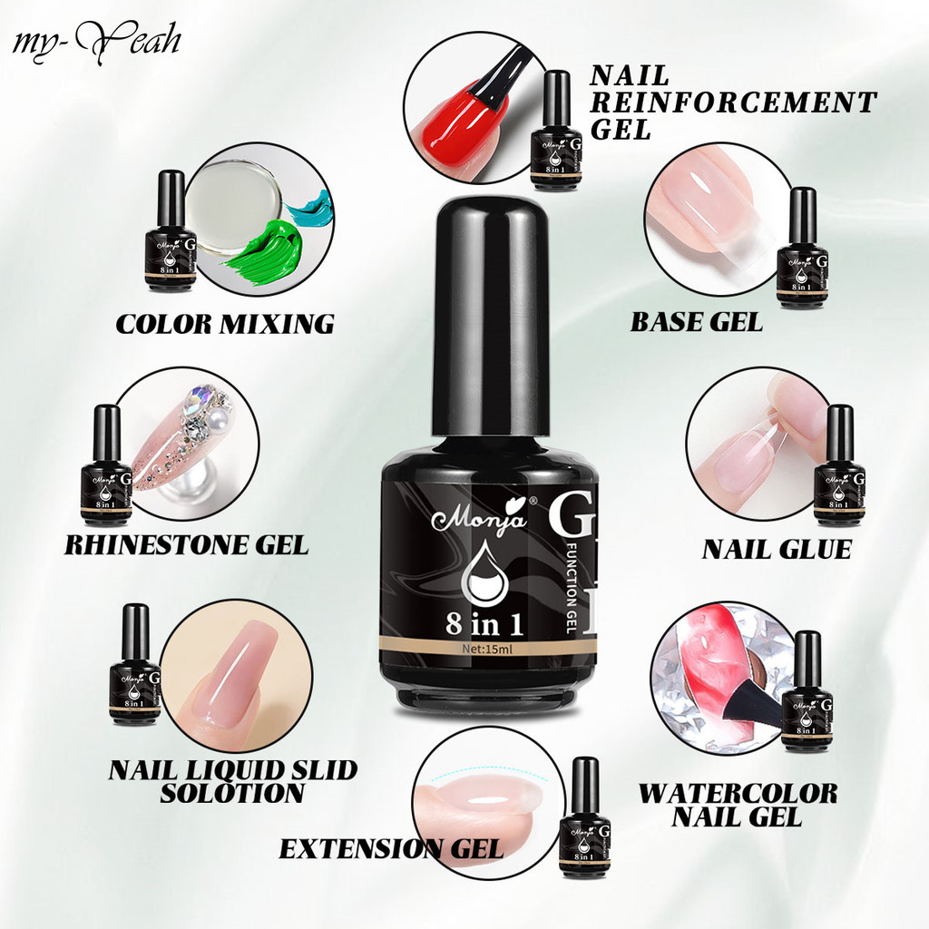 Myyeah 15ml ใช้เล็บเจล 8in1 เล็บปลอมเคล็ดลับเล็บอะคริลิคฟังก์ชั่นขยาย เจลเสริมแรง เครื่องมือทําเล็บ
