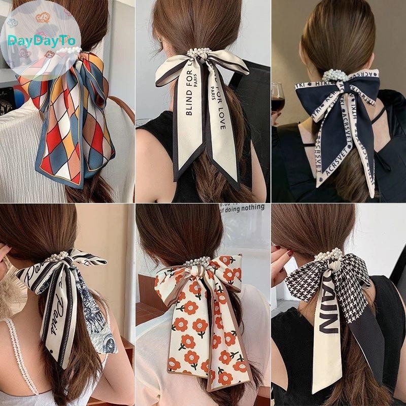 Daydayto ผ้าพันคอผมผู้หญิงผู้ถือผมหางม้า DIY อุปกรณ์เสริมผมใหม่แฟชั่น Double Layered Sa ผ้าพันคอผมวงยาวริบบิ้นโบว์ TH