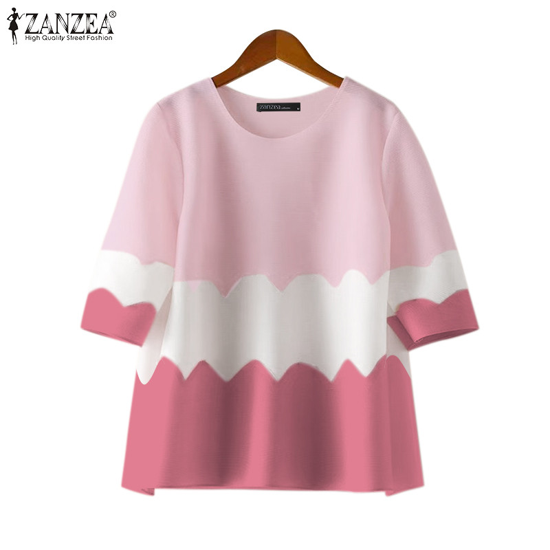 ZANZEA ใส่ ซานเซีย ผู้หญิงแฟชั่นเกาหลีคอลูกเรือแขนสั้นเย็บปะติดปะต่อกันหยักชายแดนเสื้อ