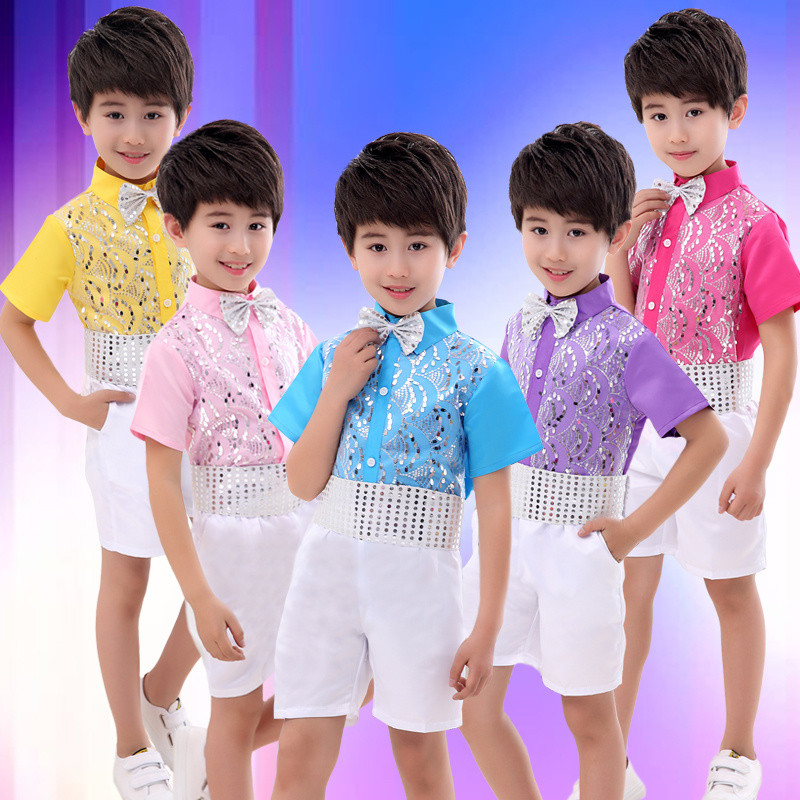 เด็กประดับด้วยเลื่อมโชรัสเสื้อผ้านักเรียนระดับประถมศึกษาและมัธยมศึกษาการหมุนเวียนประสิทธิภาพเครื่องแต่งกายเด็กโฮสต์แขนสั้นสูทประสิทธิภาพสว