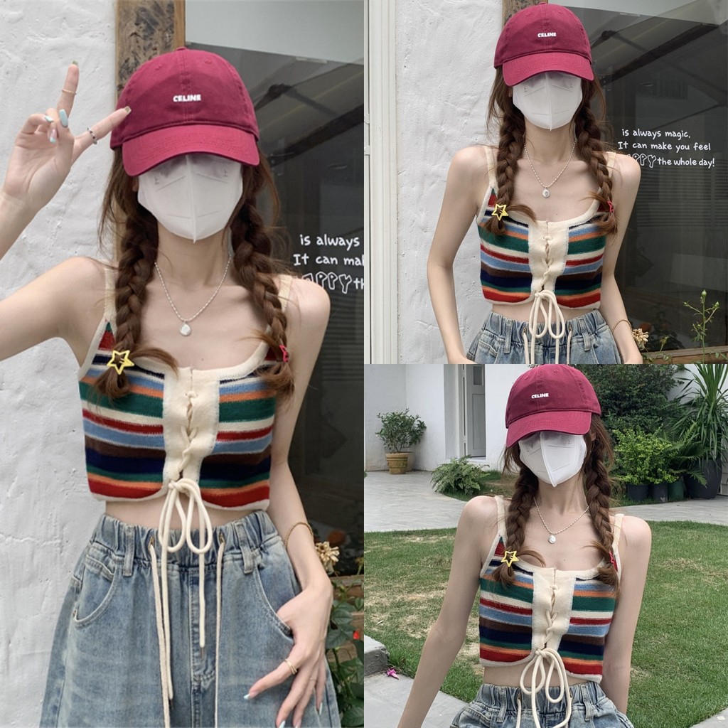 Anne สายเดี่ยว ไหมพรม ลายทางสดใส ใส่ได้ทั้ง 2แบบ เสื้อครอป สไตล์เกาหลี ทรงสวย น่ารักๆ #C649