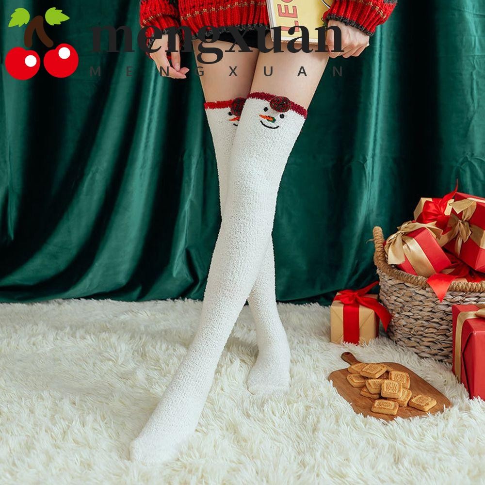 Mengxuan คริสต์มาสถุงน่องน่ารักหวานยาวขนแกะปะการัง Santa Claus Elk Bow Stripe ผู้หญิงถุงเท้าผ้าฝ้ายลูกวัว