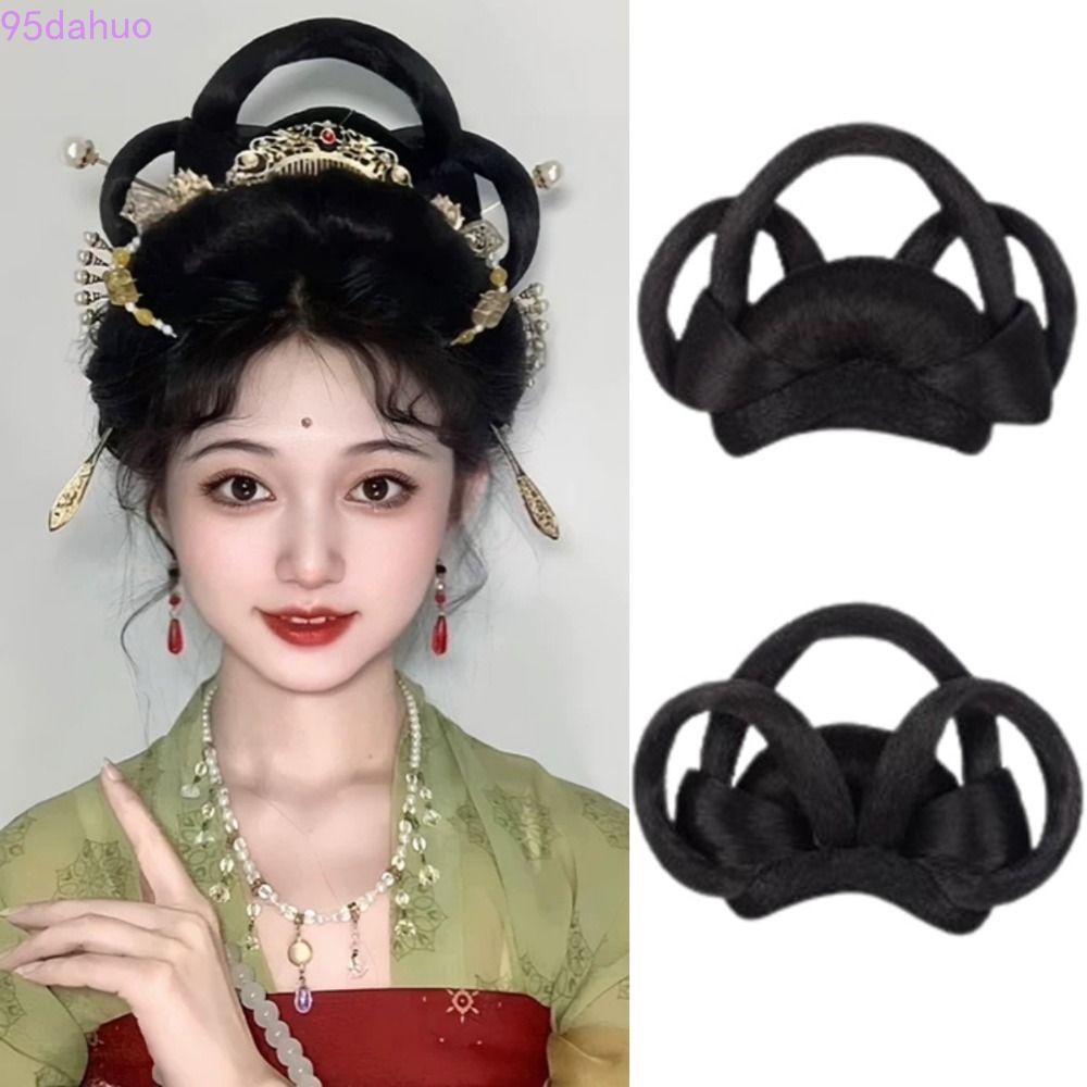 Dahuo Hanfu วิกผมแถบคาดศีรษะ, Vintage Lazy วิกผมกระเป๋าโบราณผม Bun,เต้นรําอุปกรณ์เสริมวิกผม Headdress สังเคราะห์ปลอมจีนโบราณ Chignon สามเณร