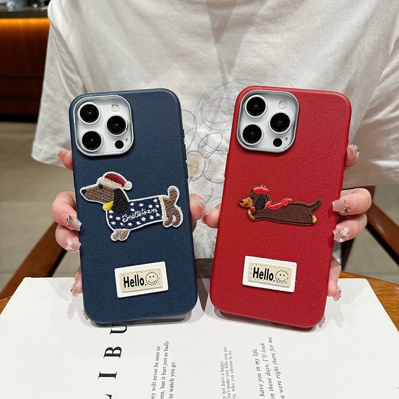 น่ารัก 3D เย็บปักถักร้อยสุนัข Smile Label สําหรับ Samsung S25 S24 Ultra S23 S22 Plus S20 S21 S23 S24 FE โลหะหรูหราเลนส์หนังกันกระแทกนุ่มปกหลัง