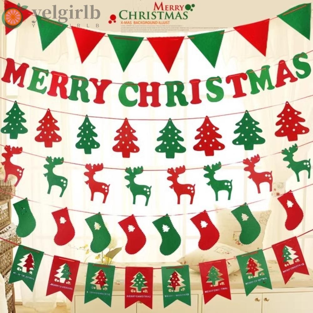 Yelgirlb แบนเนอร์คริสต์มาส, Felt Wall Decor Xmas Pull Flag, 2025 ปี Santa Elk แขวน Bunting คริสต์มาส