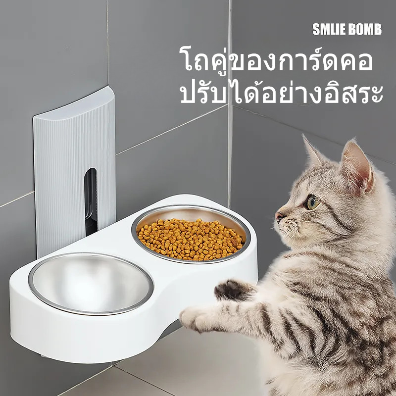 ชามอาหารแมวติดผนัง ชามแมว จานอาหารแมว แบบคู่ ปรับความสูง ไม่ต้องเจาะรู ชามหมาสแตนเลส รูปที่ 2