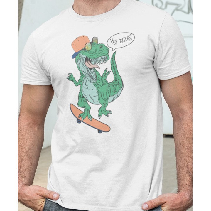 เสื้อยืดผู้ชาย ลายไดโนเสาร์และภาพวาดตลก Hey Dude!