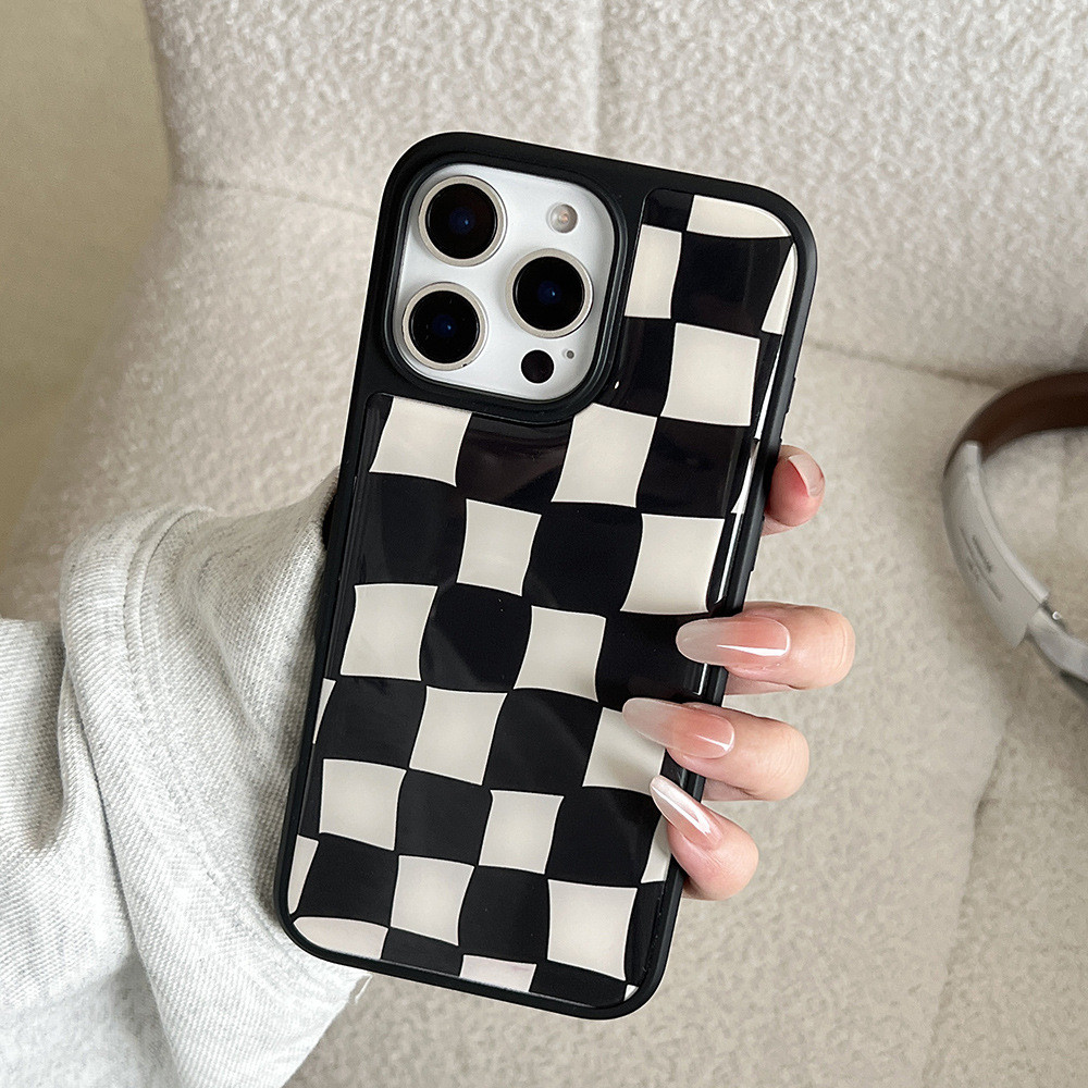 ลายสก็อตขาวดํา เคสกรอบ tpu Epoxy กระบวนการสําหรับ iphone 11 12 13 14 15 16 pro max plus case