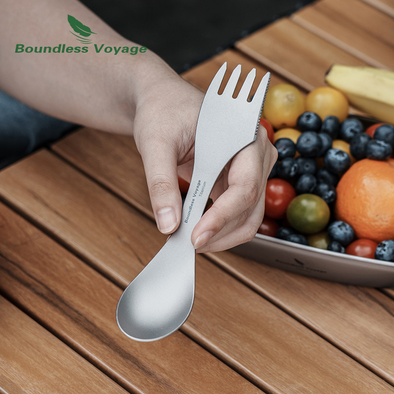 Boundless Voyage 3 in 1 Ultralight Titanium Spork Camping ช้อนส้อมมีดมัลติฟังก์ชั่บนโต๊ะอาหารกลางแจ้งอาหารเย็น