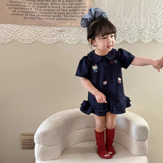 🧸 ส่งจากไทย🧸สไตล์เกาหลี ชุดเด็กผู้หญิง Hellokitty Polo ฝ้าย ชุดเจ้าหญิง ชุดเด็กผู้หญิงฤดูร้อน 1-9ปี ดำ ชุดดําเด็ก