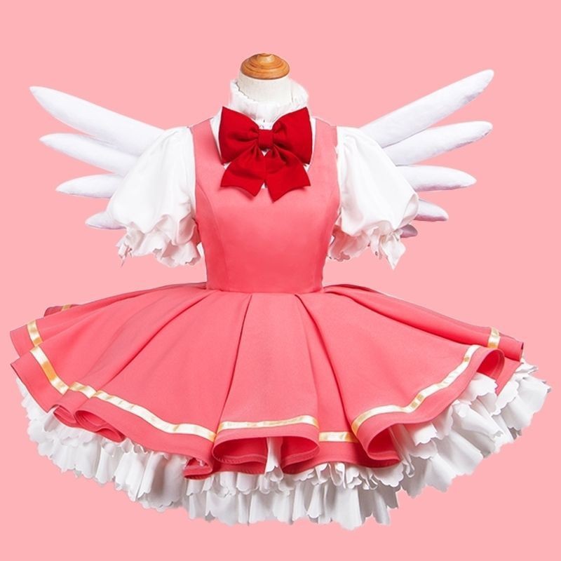 คอสตูมคอสเพลย์ Cardcaptor Sakura - ชุดต่อสู้สีขาวสีแดงคลาสสิกสําหรับงานปาร์ตี้สําหรับอนิเมะ Con & Birthday (มีปีก)