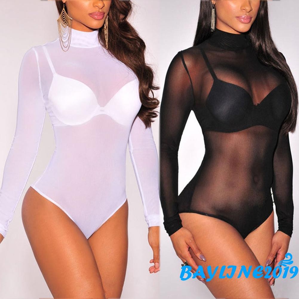 Bay-ผู้หญิงแขนยาว Romper ตาข่าย Sheer ดูผ่านคอสูงบอดี้สูทสีทึบยืด Slim One Piece Bodycon
