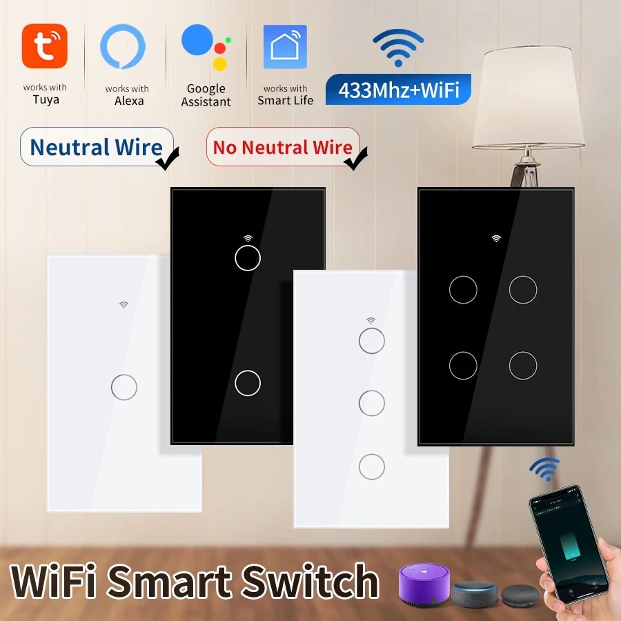 Tnce Tuya Wifi/Zigbee RF433 US สมาร์ทสวิตช์ผนัง 1/2/3/4 Gang Touch Sensor ปุ่มไม่มีสายไฟ,เสียง Alexa Google Home