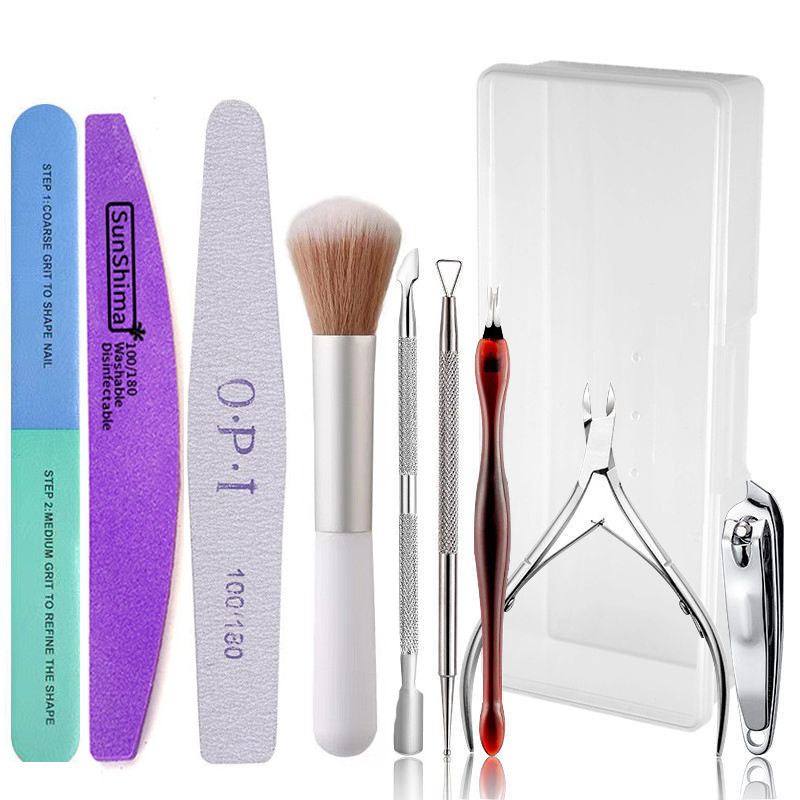 ชุดแต่งเล็บ ตะไบเล็บบัฟเฟอร์บล็อก Cuticle Pusher กรรไกร Dead Skin ส้อมแปรงทําความสะอาด UV เจลเครื่องมือกําจัด