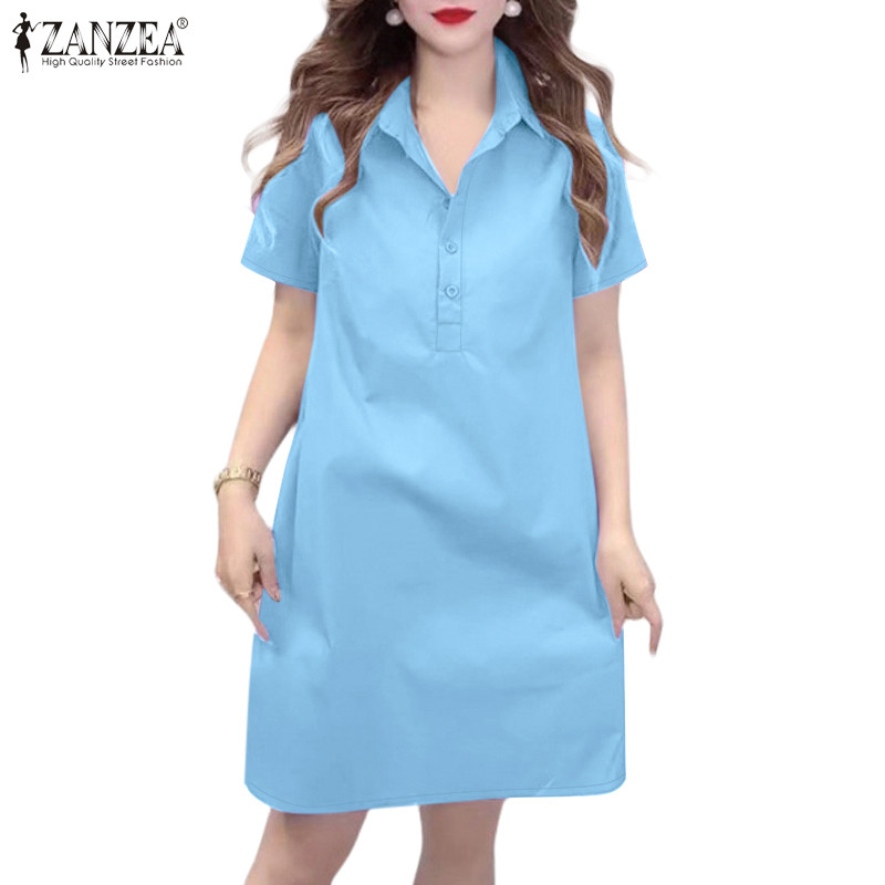 ZANZEA ใส่ ซานเซีย ผู้หญิงสบายๆหลวมแข็งแขนสั้นเปิดลง-คอกระเป๋าชุด