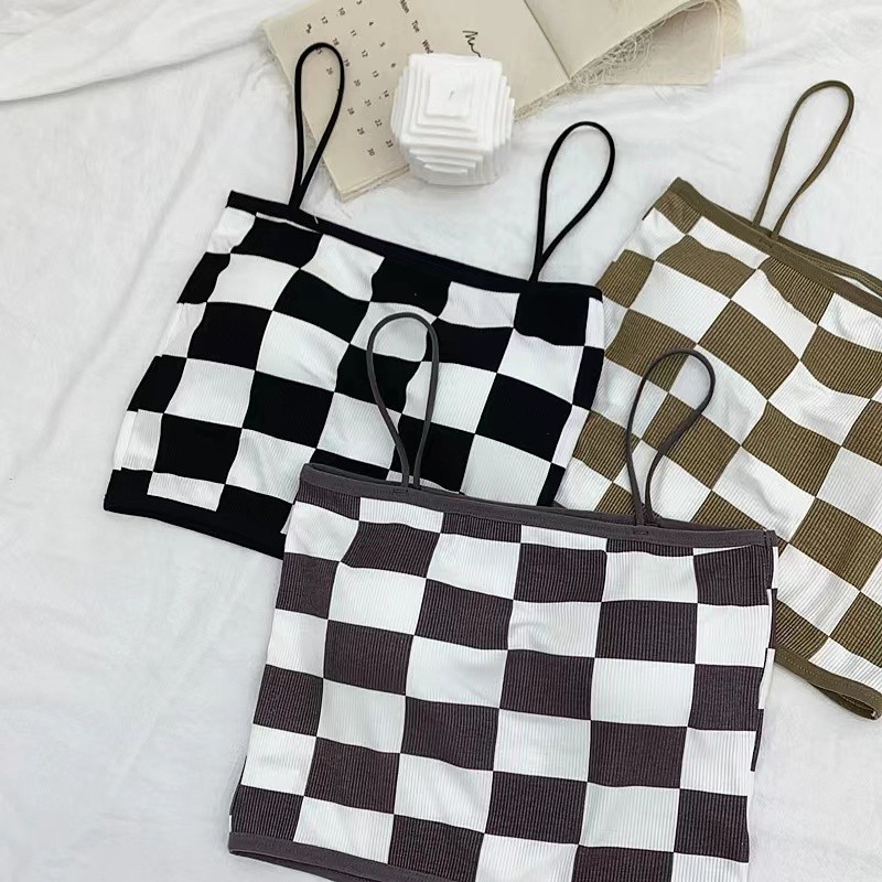 NK_HOME1⭐สินค้ามาใหม่⭐ สปอร์ตบรา เสื้อกล้าม บราสายเดี่ยวลายสก็อต ผ้านิ่มใส่สบายมาก ฟองน้ำถอดออกซักได้