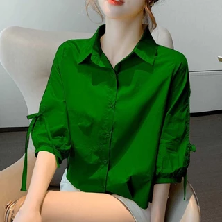 เสื้อเชิ้ตแขนยาวปานกลางสำหรับผู้หญิงผ้าชีฟองฤดูใบไม้ผลิและฤดูร้อนแบบใหม่หลวมระบายอากาศแขนโคมไฟผู้หญิงแขนสั้นแมทช์ลุคง่าย