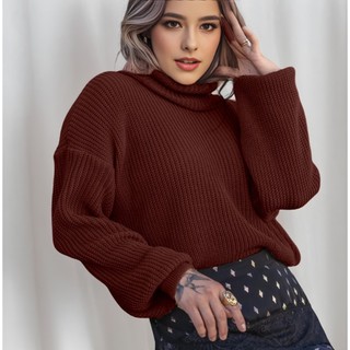 Blusa De Frio Feminina Suéter Tricô Gola Alta Gola Boba