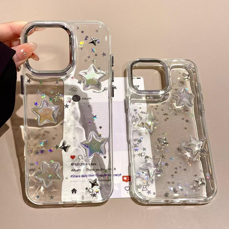 3D เคสโทรศัพท์โปร่งใสรูปดาวห้าแฉกเลเซอร์สำหรับ iPhone 16 15 14 13 12 11 Pro Max Plus เคสกันน้ำกันตกสำหรับเคส iPhone11