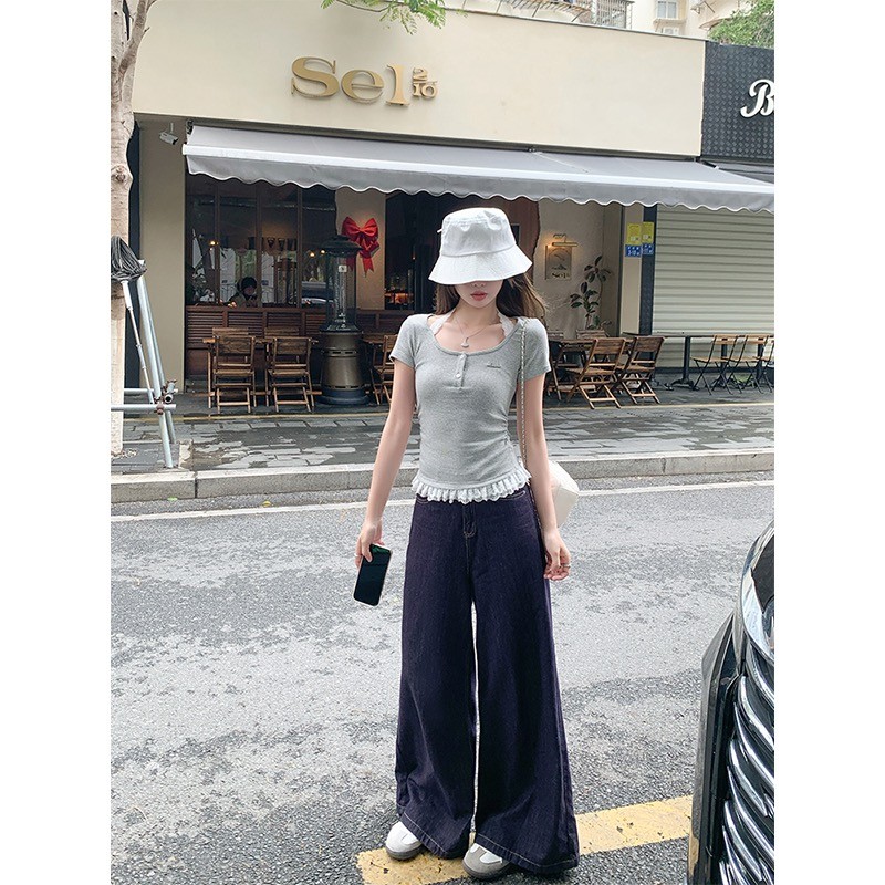 ผ้าฝ้ายมนุษย์ 260g สไตล์เกาหลีสาวหวานลูกไม้เย็บ Halterneck เสื้อยืดแขนสั้น 2025 ฤดูร้อนการออกแบบ Sen