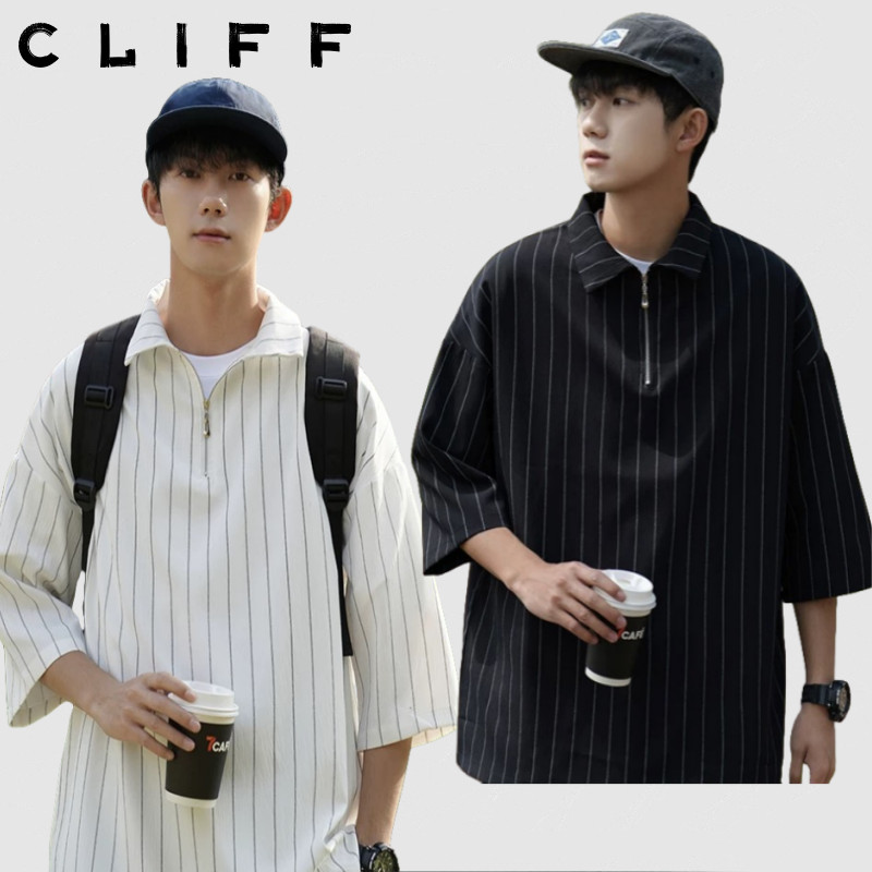 CLIFF เสื้อโปโลผู้ชาย แขนสั้นลายทาง ซิปครึ่ง แบบใหม่2025 ฤดูร้อนแบบหลวม