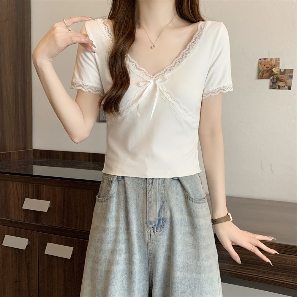 #40支纯棉210克92棉/8 Spandex เสื้อยืดแขนสั้นผู้หญิง v คอลูกไม้ขนแกะเข็มด้านนอกสไตล์ NDU1