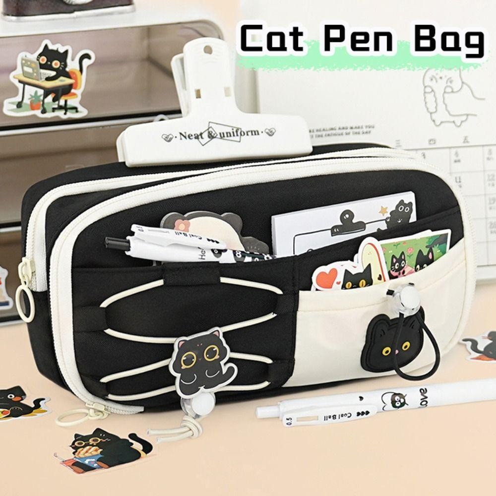 ปากกา ดินสอ ,ความจุขนาดใหญ่หลายชั้นปากกากระเป๋า,ที่มีคุณภาพสูงพาร์ทิชันการจัดเก็บแมวดํา เชือกรูด ออกแบบเครื่องเขียนออแกไนเซอร์ของขวัญนักเรี