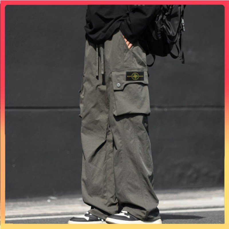 Stone island Outdoor Cargo กางเกงทรงตรงผู้ชาย - เอวยางยืดทรงหลวมหลายกระเป๋าแห้งเร็วสไตล์ Workwear กา