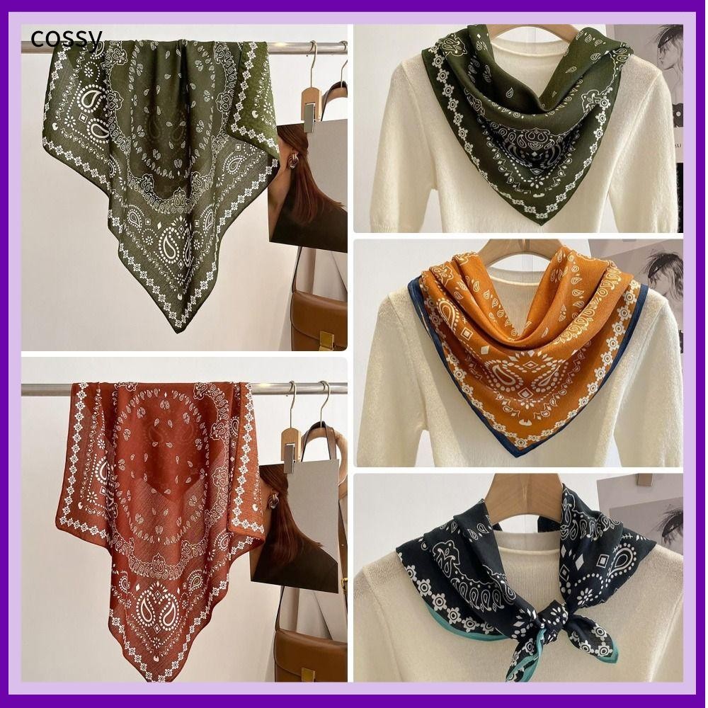 COSSY 1 ชิ้นผ้าพันคอสแควร์,ชีฟองผ้าฝ้ายผ้าลินิน Vintage พิมพ์ผม Neckerchief, ทนทานบาง Breathable 70x70 ซม.ผ้าเช็ดหน้า Hairscarf แฟชั่นอุปกรณ์เสริม