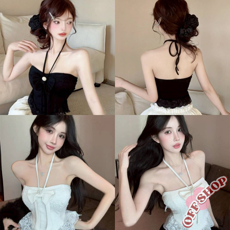 OFF SHOP 🥻ใหม่ 2025 เสื้อเกาะอก มีฟองน้ำ แต่งสายคล้องคอเพิ่ม สีพื้น "FY6612