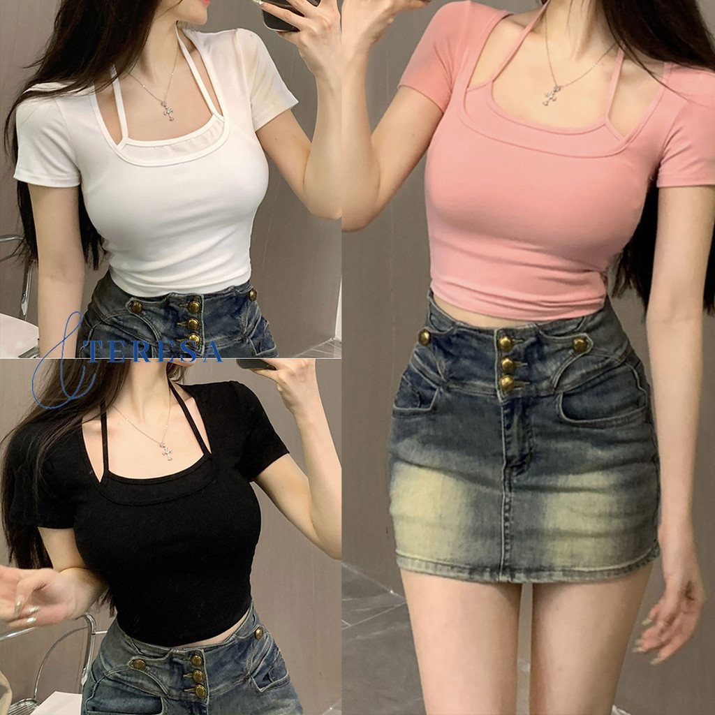 เสื้อยืดแขนสั้น ทรงสองชั้น ใส่แล้วหุ่นดี