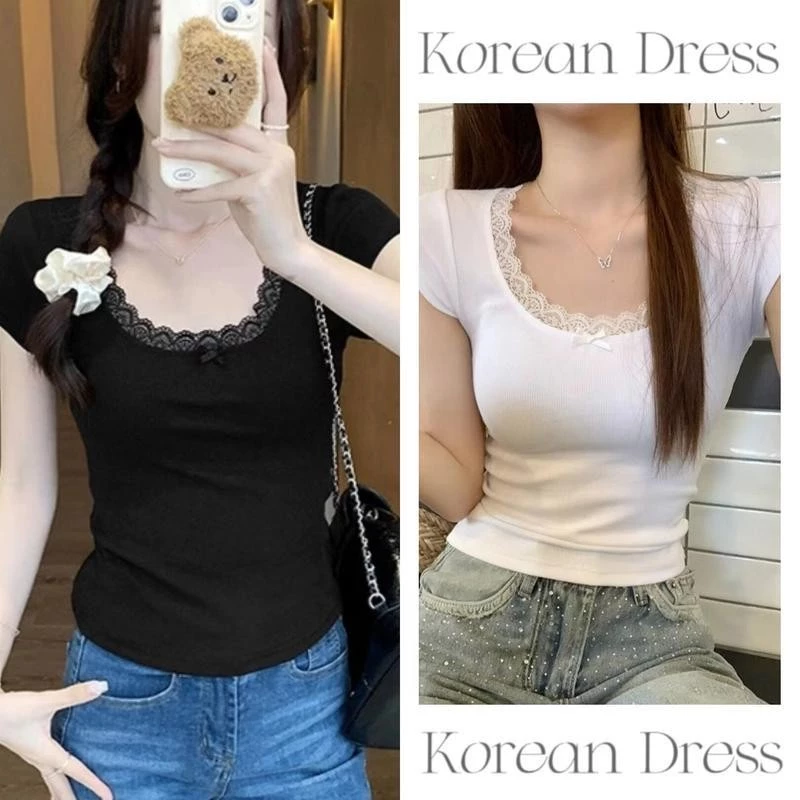 จัดส่งจากกรุงเทพ Slim fit T-shirtเสื้อยืดลูกไม้สไตล์เกาหลี แขนสั้น คอต่ำ โบว์น่ารัก เซ็กซี่