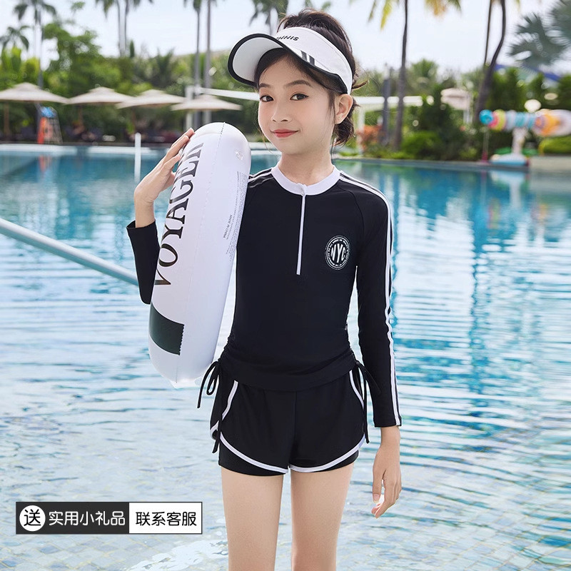 ชุดว่ายน้ำเด็กผู้หญิงแบบสองชิ้น แขนยาว ป้องกันแสงแดด แห้งเร็ว สำหรับดำน้ำกลางแจ้ง ว่ายน้ำในน้ำพุร้อน สีดำ