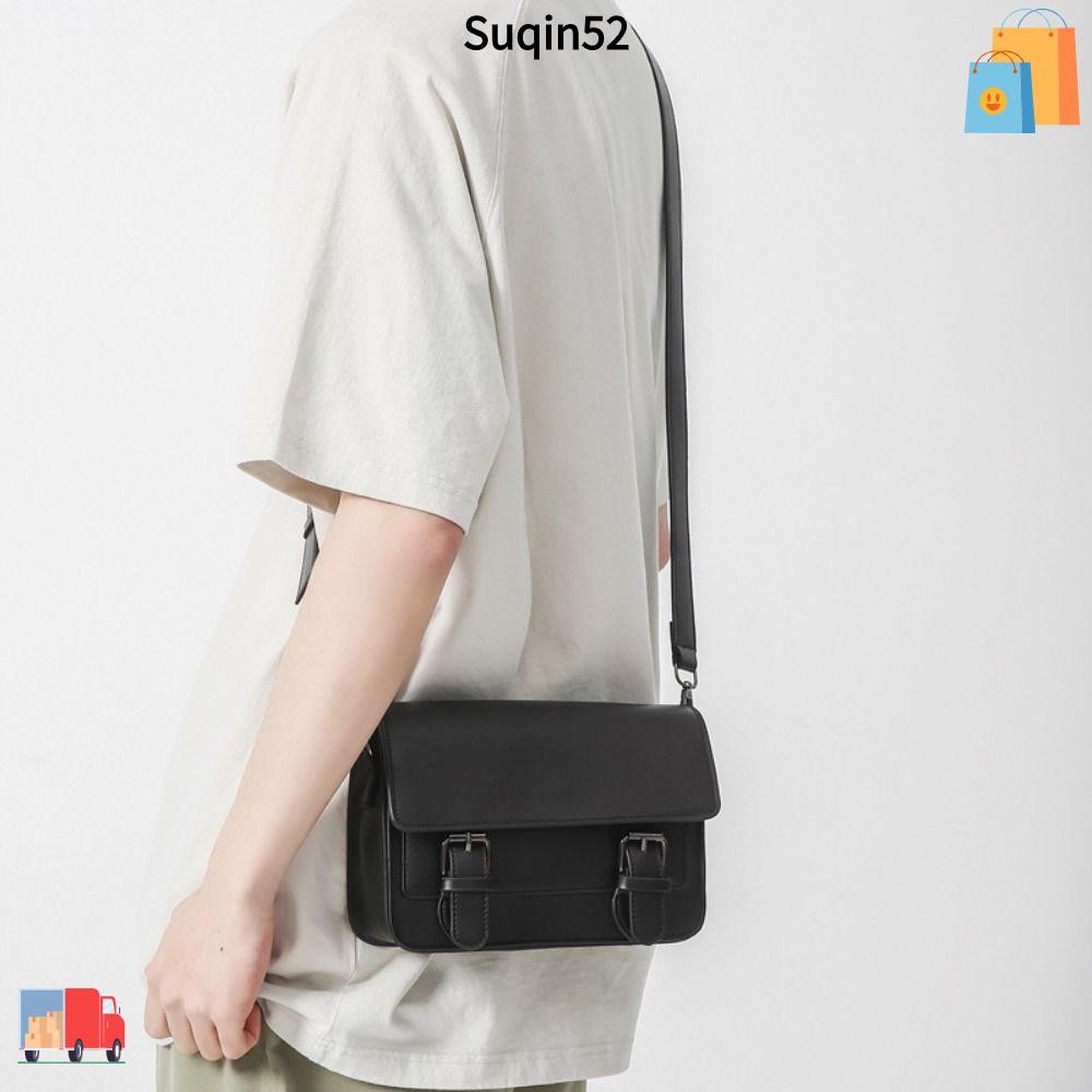 SUQIN52 กระเป๋าสะพายไหล่,หนัง PU พร้อมสายปรับได้กระเป๋าสะพายข้างชาย,กระเป๋าโทรศัพท์สีดํา Square Mens Small Messenger Bag