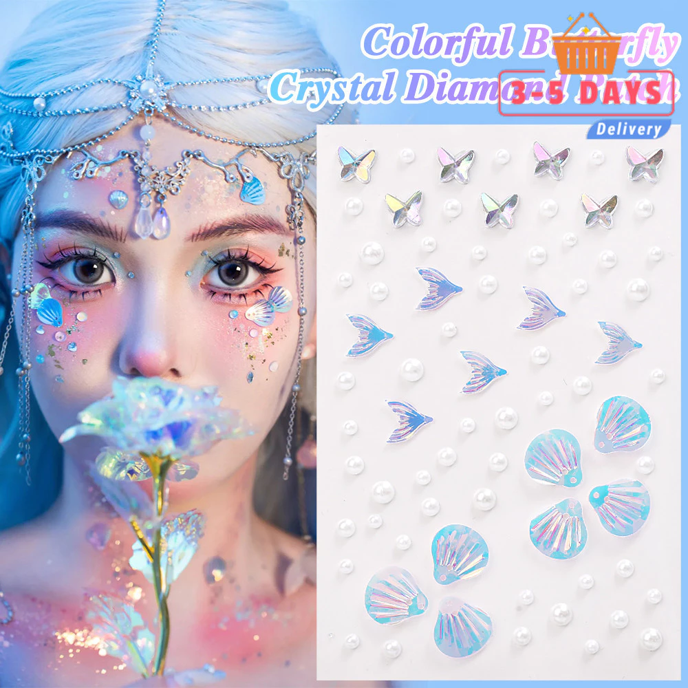 [3-5 วันมาถึง]สติกเกอร์เพชรคริสตัลเรืองแสงสําหรับใบหน้า/ร่างกาย, การออกแบบนางเงือกผีเสื้อพร้อมอะคริลิคอีโค-เวทีแต่งหน้า&พรรคอุปกรณ์1/5ชิ้น