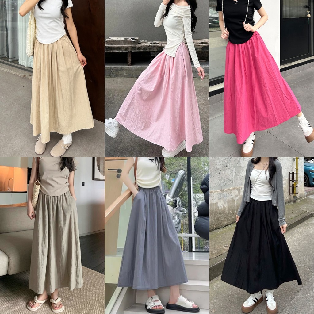 💖Miqi💖กระโปรงยาว สีพื้น เอวสูง เอวสม๊อค กระเป๋าลับ กระโปรงเกาหลี แฟชั่นฤดูร้อน ใส่สบาย#K12