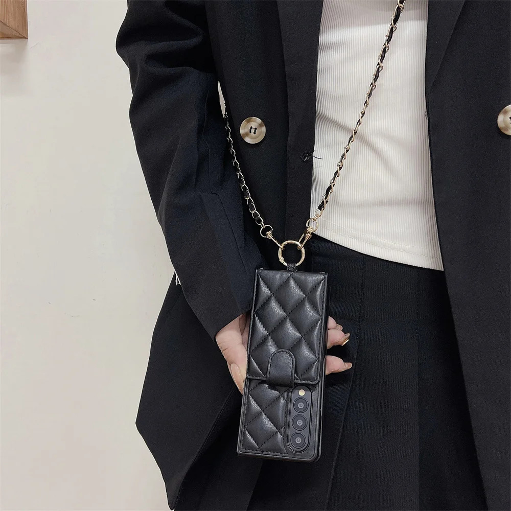 หรูหรา Lambskin หนังสําหรับ Samsung Galaxy Z พับ 8 Ultra 7 6 5 4 3 Fold8 Fold7 Fold6 5G Crossbody Lanyard กระเป๋าสตางค์ช่องใส่การ์ดผู้ถือเคสโทรศัพท์