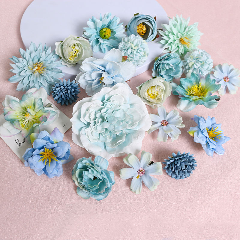 4.5-10 ซม.21 PCS ประดิษฐ์ดอกไม้สีฟ้าชุดงานแต่งงานตกแต่งบ้าน DIY พวงหรีด Hairpin เข็มกลัดของขวัญดอกไม้ผ้าไหมปลอม Flowe