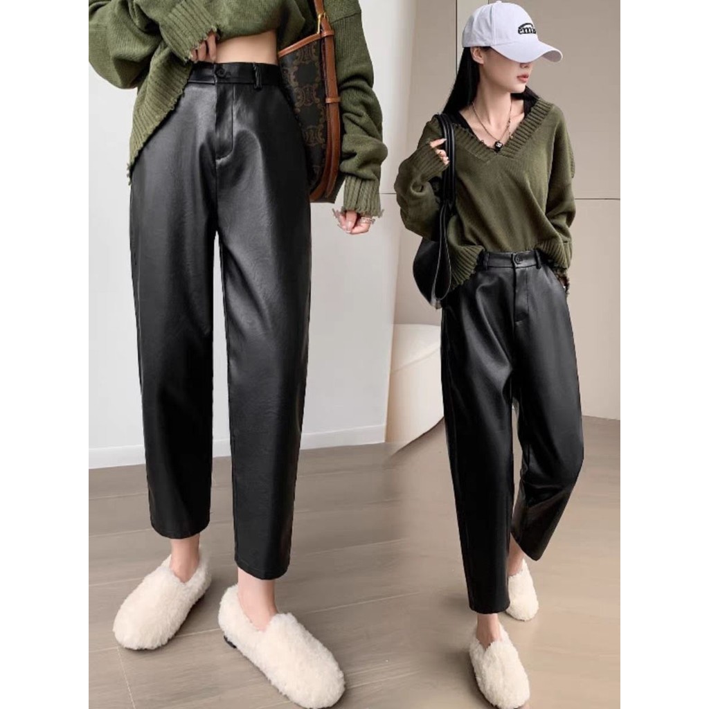 หนังกางเกงผู้หญิงใหม่เอวสูงหลวมโจ๊กตรงสบายๆ black